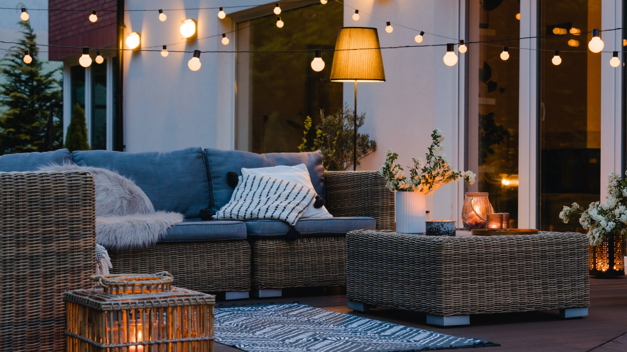 Decorated outdoor space in twilight