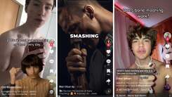 TikTok screenshots. Left: "2018: started bonesmashing my face every day..." Middle: "SMASHING" next to a fake pic of a guy with a hammer or something. Right: "Does bone mashing work?" over a photo of a square jawed teenager talking into the camera.
