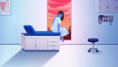 Illustration of a sad woman in a doctor's office wearing hospital gown