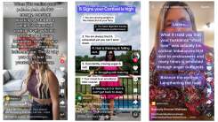 Screenshots of three TikToks. Each is a woman posing with text overlaid. First one: "When you realize your painful periods, low energy, constant bloating, & stubborn weight is from high cortisol levels, which is throwing off your hormones, slowing your metabolism, & increasing inflammation. This is why you don't feel like yourself & feel crazy." Second: "8 signs your cortisol is high: 1. you are carrying weight in the midsection & your face. 2. you have digestive issues/gut/immune system issues. 3. you are always tired & exhausted yet you can't wind down. 4. Hair is thinning & falling out. 5. Constantly craving sugar & salt. 6. Struggling with brain fog. 7. your mood is an emotional roller coaster. 8. Waking at 2 or 3am & can't get back to sleep." Third: "Ladies.... What if I told you that your husbands "short fuse" was actually his cortisol imbalances that lead to anxiousness and many times is exhibited through anger outbursts. Balance the cortisol = lengthening the fuse!"