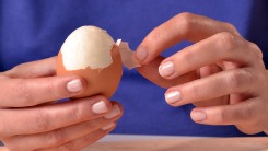 Hands peeling an egg.