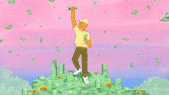 Victorious man grabbing money standing on pile of cash