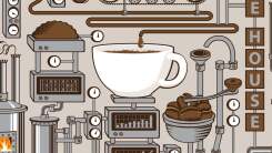 A drawing of a coffee cup surrounded by faux-high tech brewing equipment