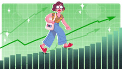 Illustration of 30-year-old woman walking up stocks graph
