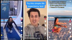 TikTok screenshots: one of a woman doing this on TV, one of a guy calling it a "simple life expectancy test," and one of a person doing it on the beach with caption explaining the scoring