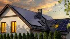 House at dusk with solar panels 