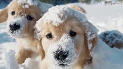 Still from AI-generated video of puppies in snow