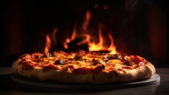A pizza in front of a brick oven with flames.