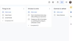 A screenshot of a Google Tasks board with columns for Things to Do, Articles to Write, and Enemies to Defeat