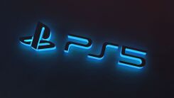 The PS5 logo illuminated in blue on a black background
