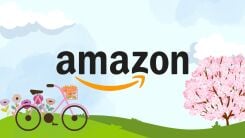 The Amazon logo against an illustrated background of a spring outdoor setting with trees and a bike