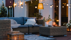 Decorated outdoor space in twilight