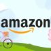 The Amazon logo against an illustrated background of a spring outdoor setting with trees and a bike