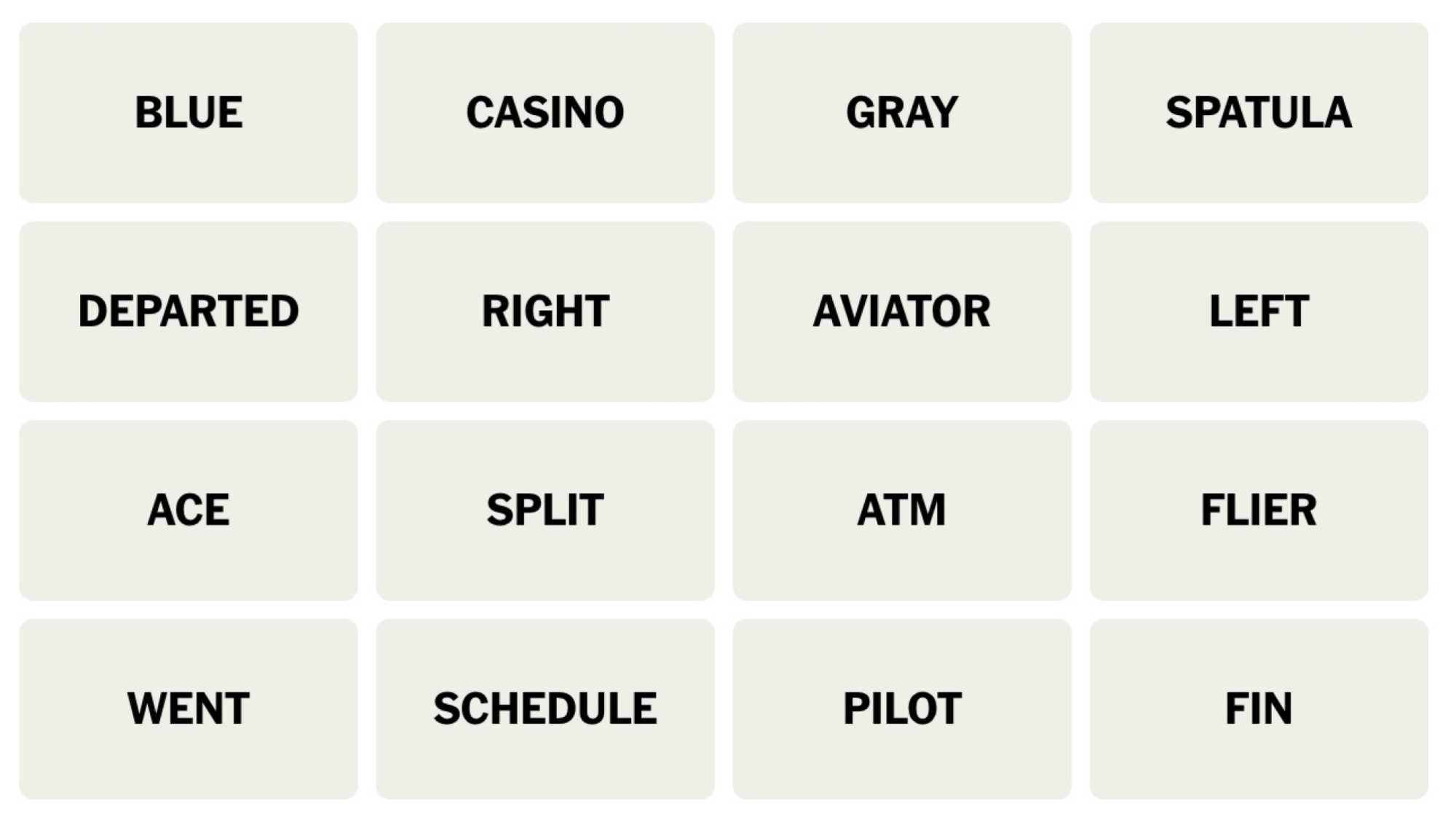 NYT Connections board for March 28, 2024: BLUE, CASINO, GRAY, SPATULA, DEPARTED, RIGHT, AVIATOR, LEFT, ACE, SPLIT, ATM, FLIER, WENT, SCHEDULE, PILOT, FIN.