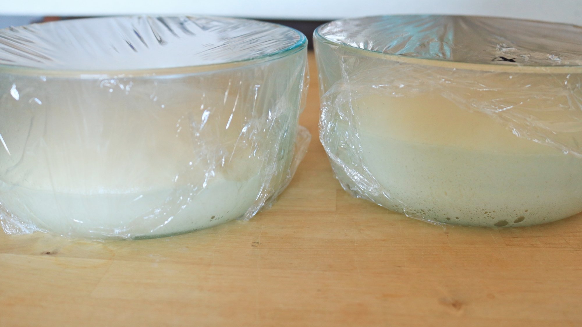 Raw bread dough in two bowls.