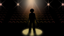 An illustration of a child standing in the spotlight on a darkened stage