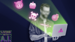 An illustration of a man using a laptop emitting light into his face, which is pixilated. He is suppounded by emoji of a devil, robot, bomb, and skull and crossbones