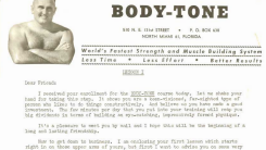 A vintage ad for a workout regimen called "Body Tone" featuring a grainy image of a muscle-bound man