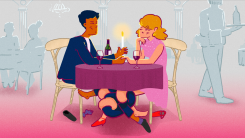 An illustration of a couple at a restaurant table holding hands while their legs interlock underneath.