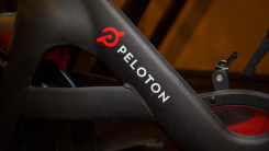 The closeup of Peloton logo on an exercise bike