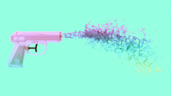 A water pistol erupts in colors to represent sexual squirting.