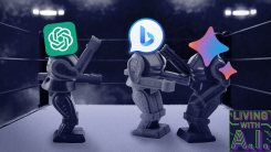 The logos for ChatGPT, Bing Chat, and Google Bard are the heads of Rock 'Em Sock 'Em Robots battling it out in a boxing ring