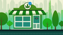An illustration of a store with a cannabis leaf on the sign and a blue "verified" style checkmark 