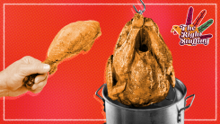 illustration of a turkey being deep-fried