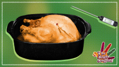 A whole roasted turkey in a roasting pan.