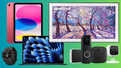 A collage of product images from Amazon: A Samsung TV, Apple MacBook and iPad, Blink home security bundle, and Garmin smartwatch