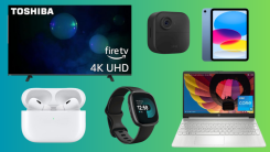 A collage of product images: a laptop, smart TV, earbuds, security camera, and smartwatch