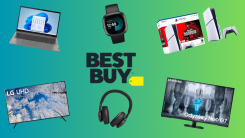 Best Buy products like laptops, smartwatches, TVs, monitors, PlayStation 5, and headphones on a green and teal background. 