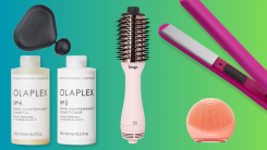A variety of self-care tools, like a flat iron, a massager, and a brush