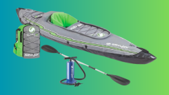 items in kayak package with backpack, paddle, and pump