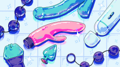 A colorful illustration depicting various kinds of sex toys