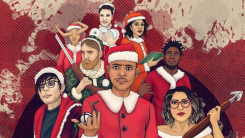Santa University podcast art depicting multiple Santas holding weapons