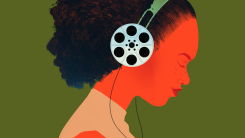 An illustration of a woman listening to headphones but the earpieces look like film reels