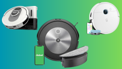 Three robot vacuums on a teal and green gradient background.