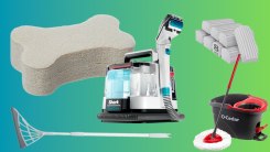 A collage of cleaning tools, like vacuums, sponges, and steam cleaners