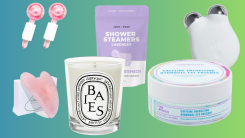 Self-care gifts including a candle and shower steamers.