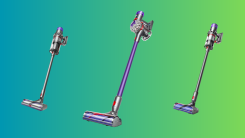 Dyson stick vacuums on a teal and green gradient background.
