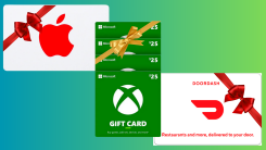 Apple, Xbox, and Doordash gift cards on a teal and green gradient background.