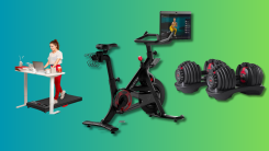 A Peloton, Bowflex dumbbells, and walking pad on a teal and green gradient background.