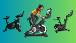 SoulCycle at-home, Nordictrack Commercial Studio, and Connect EX-4S-15 exercise bikes on a teal and green gradient background.