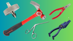 a collage of unconventional tools mentioned in the post - stubby screwdriver, adjustible hammer, vampliers, nail pliers, and alligator forceps 