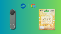 ADT and Google with a Google Nest Doorbell and a $100 Visa gift card on a teal and green gradient background