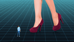A giant pair of heels overshadows a tiny man