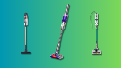 Dyson, Shark and Samsung stick vacuums on a teal and green gradient background.