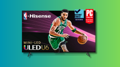 Hisense 55-Inch Class U6 Series Mini-LED ULED 4K UHD Google Smart TV on a teal and green gradient background. 
