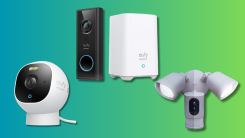 Eufy cameras, doorbells, and lights on a teal and green gradient background.